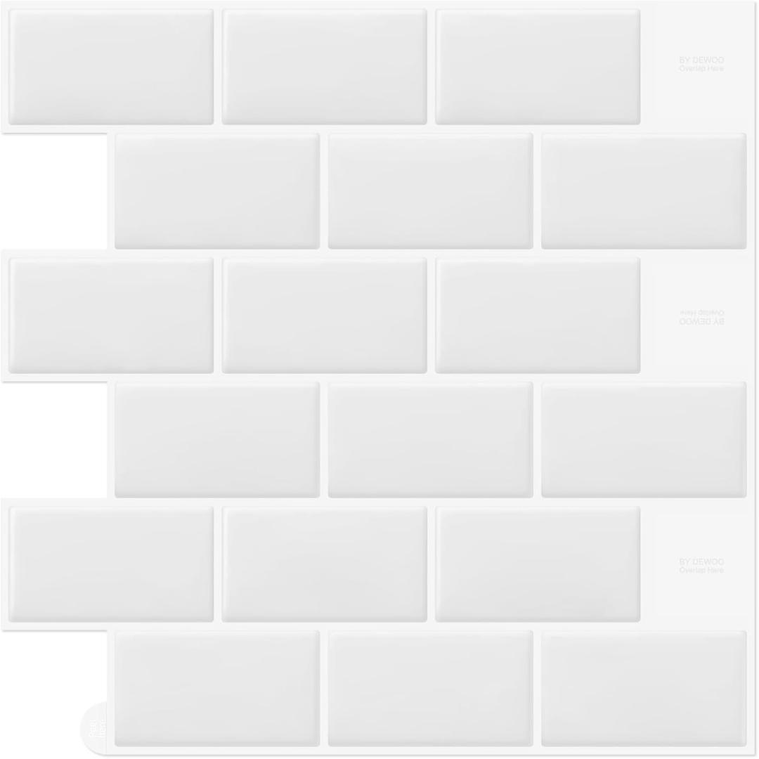 DEWOO 20-Sheet White Peel and Stick Backsplash Self Adhesive Brick Subway Wall Tile Stickers for Kitchen Bathroom (12"12")
