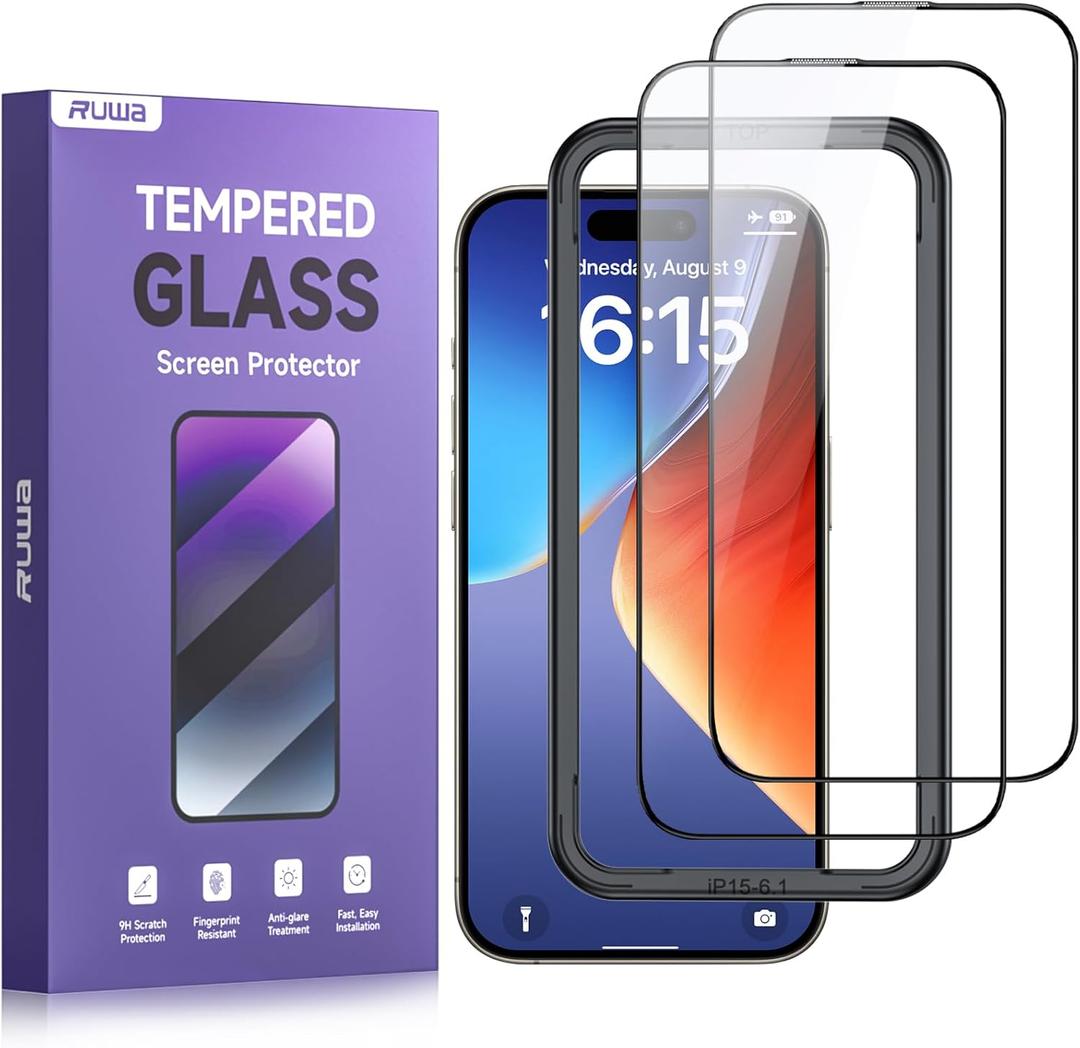 ruwa Screen Protector for iPhone 15, iPhone 16 [6.1 Inch][2-Pack] Tempered Glass with Easy Installation Frame, HD Clear,Anti-Scratch, Full Coverage