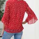 CiCiBird Women Chiffon Floral Blouse 3/4 Ruffle Sleeve Crew Neck Pleated Front Tops Dressy Casual Shirts (Red, M)