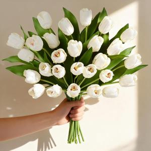 Livole 12 Pcs White Tulips Artificial Flowers Real Touch Tulips Fake Faux Tulip Flower Bouquet for Arrangement Wedding Spring Home Decor Floral Party Centerpiece 14 Inch