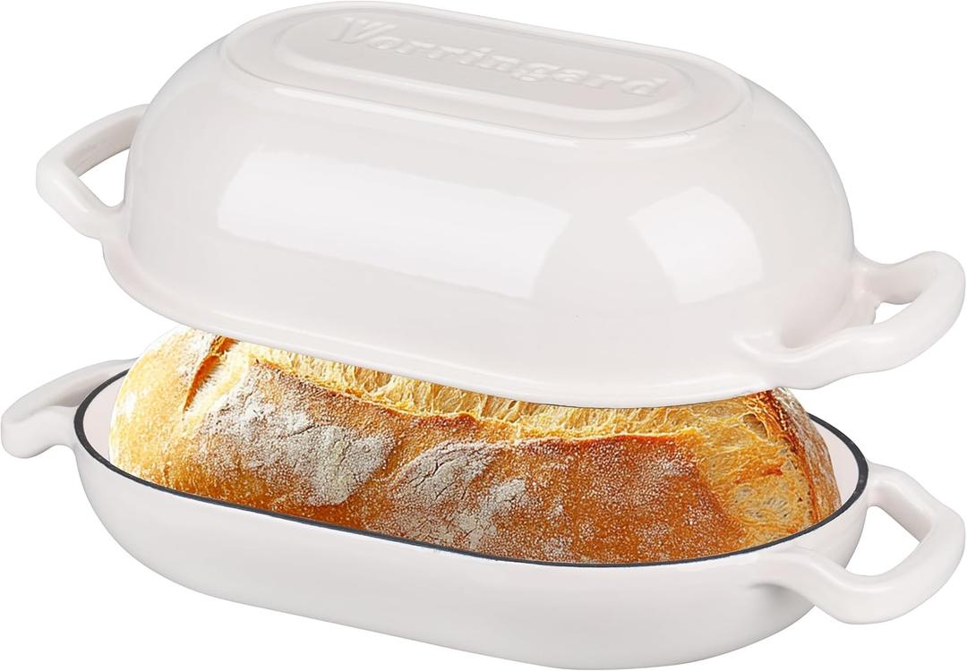 VORRINGARD Enameled Cast Iron Sourdough Bread Oven, Dutch Oven, Loaf Cast Iron Bread Pan for Homemade Bread Baking, Meatloaf Pan with Lid, 5QT, White
