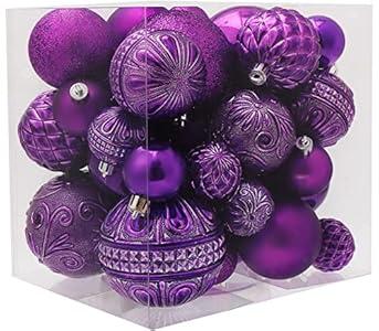 Purple Christmas Ball Ornaments Christmas Tree Decorations with Hang Rope-36pcs Shatterproof Christmas Ornaments Set with 6 Styles in 3 Sizes(Small Medium Large)