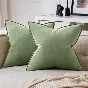 MIULEE Pack of 2 Sage Green Decorative Velvet Throw Pillow Covers Soft Pillowcases Spring Solid Square Cushion Case for Sofa Bedroom Car 20x20 Inch