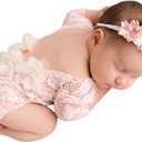 Newborn Lace Romper, 2 PCS Baby Girl Photography Props, Newborn Girl Photography Outfits with Flower Headband for Infants (Pink)