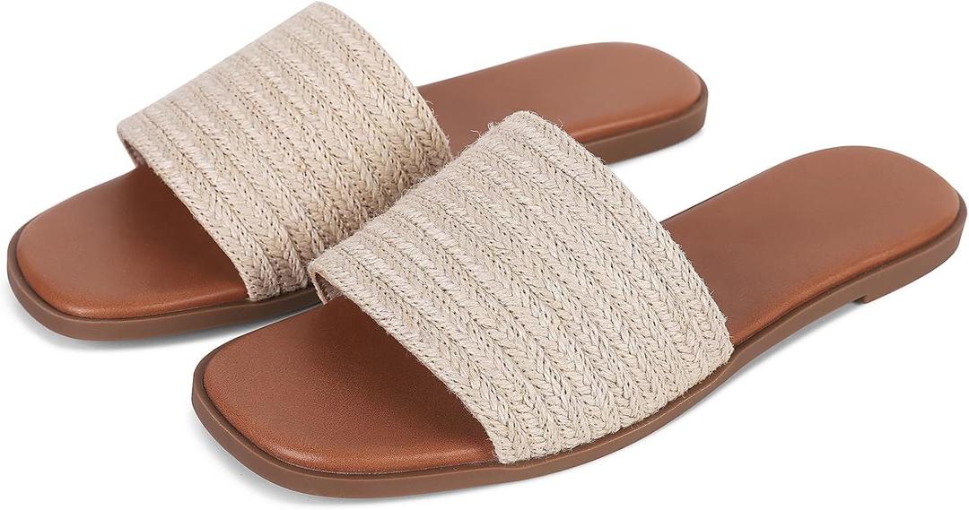 Tscoyuki Slides Sandals for Women Basic Slip On Flat Sandals Open Toe Comfort Beach Sandals Slippers for Casual Dressy Summer
