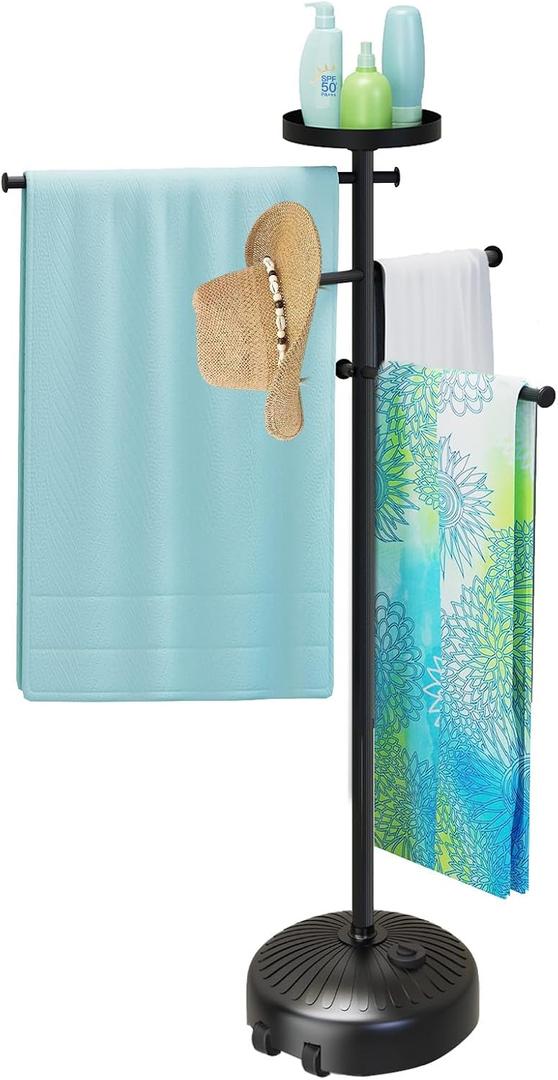 Pool Towel Rack Outdoor with Built-in Tray Adjustable, Heavy-Duty Towel Racks & Storage for Backyards
