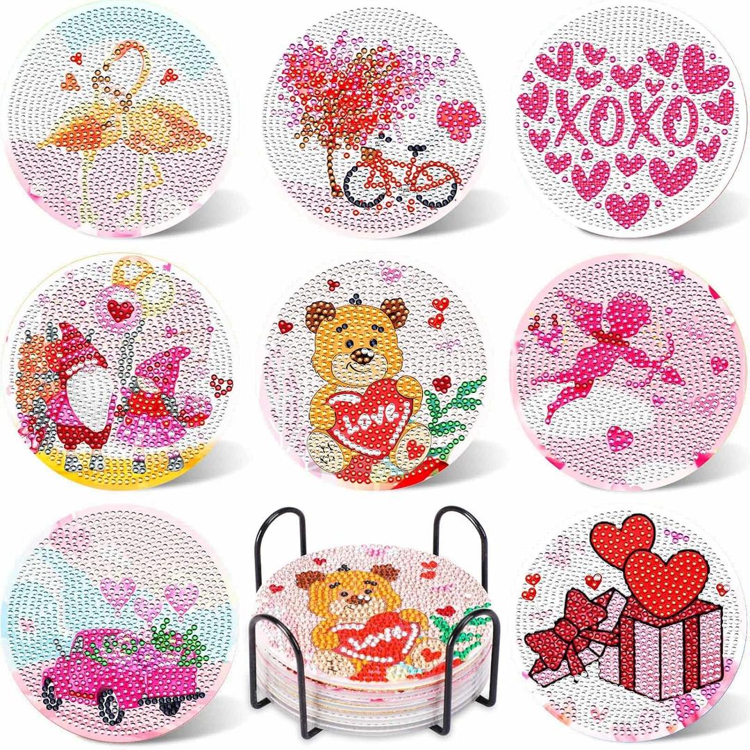 UPINS 8Pcs Valentine's Day Diamond Art Painting Coasters for Drinks DIY Life Coaster Diamond Art Kits for Adults Kids Beginners Diamond Art Craft Supplies