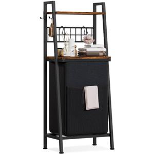 Furnulem Laundry Hamper, Vertical Laundry Basket with 2 Tiers Wooden Shelf and Hooks, Clothes Hamper with Pull-Out and Removable Bag for Bathroom, Bedroom, Dorm, 13.21 Gallons (50L)