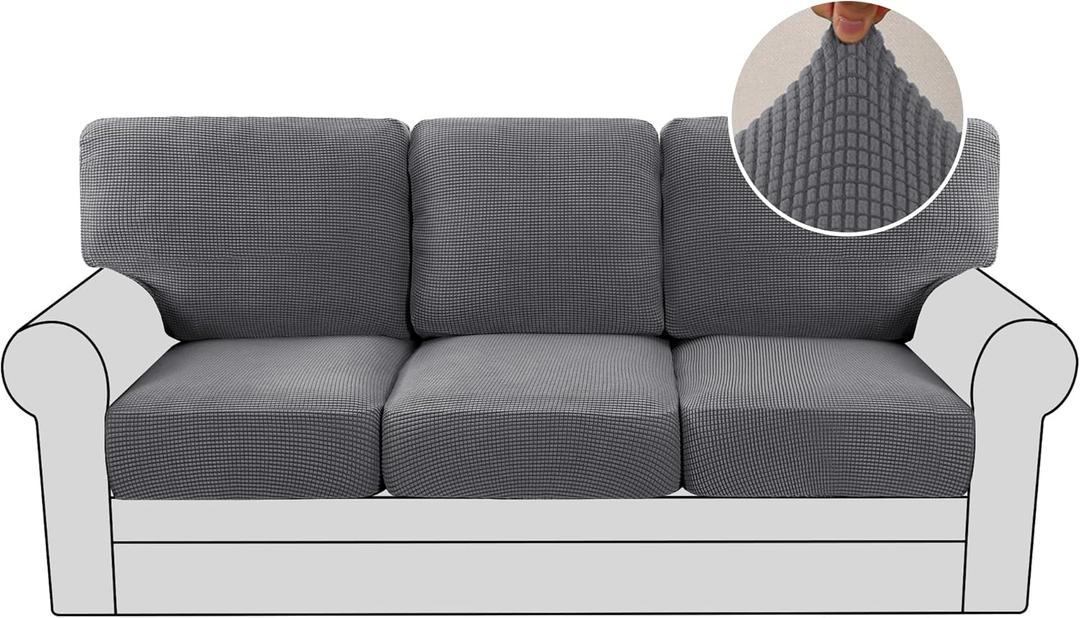 H.VERSAILTEX Multi-Pieces Couch Covers for 3 Cushion High Stretch Sofa Cover Jacquard Textured Washable Twill Fabric(3 Seat Covers Plus 3 Back Cushion Covers, Grey) (Neutral Gray)