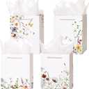 Crisky 4 Pack Medium Gift Bags with Handles, Wildflower Floral Wedding Gift Bag Medium Size Goodie Bags with Tissue Paper for Bridal Shower, Engagement, Birthday, Graduation, Small Business