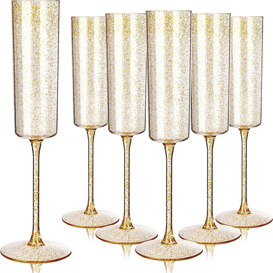 YOUBET 24 Pack Plastic Champagne Flutes - 6 Oz Gold Glitter Disposable Champagne Glasses - Square Plastic Wine Cups Wedding Toasting for Party Birthday Anniversary