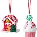 Set of 2 Christmas Tree Decorations, 3D Candy House & Ice Cream Christmas Ornaments, Claydough Xmas Hanging Decor for New Year Party Wedding Home