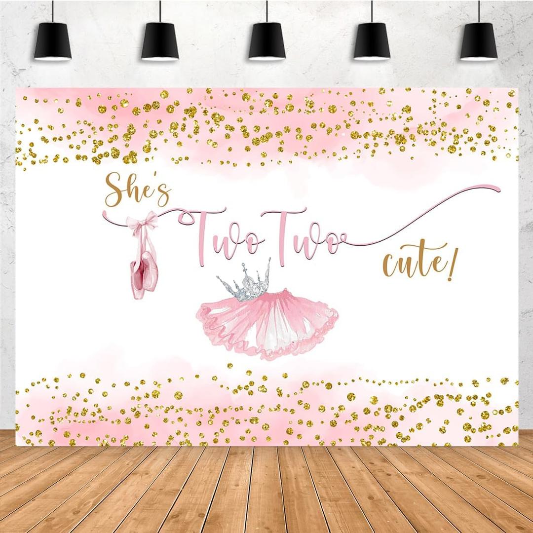 Aperturee 7x5ft 2nd Birthday Backdrop Two Cute for Girls Golden Dots Blush Pink Glitter Ballet Shoes Tutu Crown Photography Background Princess Bday Party Decorations Banner Photo Booth Props