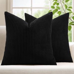 Mecatny Corduroy Decorative Throw Pillow Covers 18x18 Set of 2 for Sofa Living Room, Soft Neutral Boho Couch Pillow Covers for Home Decor, Black