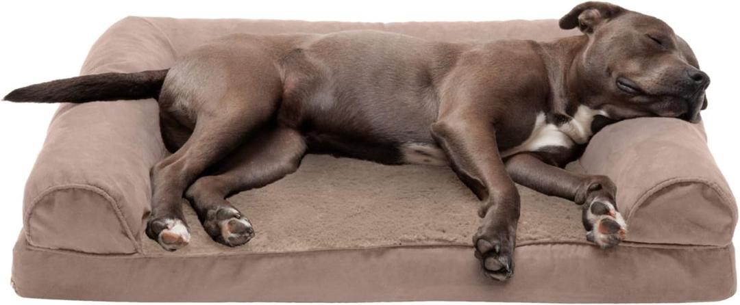 Furhaven Orthopedic Dog Bed for Large/Medium Dogs w/ Removable Bolsters & Washable Cover, For Dogs Up to 55 lbs - Plush & Suede Sofa - Almondine, Large (36.0"L x 27.0"W x 6.5"Th, (Plush & Suede) Almondine)
