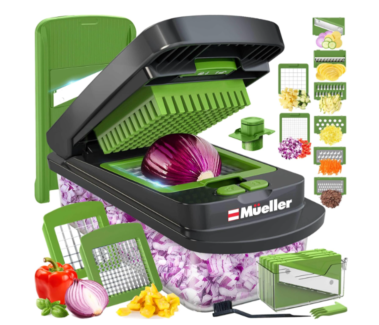 Mueller Pro-Series 10-in-1, 8 Blade Vegetable Chopper, Onion Mincer, Cutter, Dicer, Egg Slicer with Container, French Fry Cutter Potato Slicer, Home Essentials, Salad Chopper Grey Sand/Green