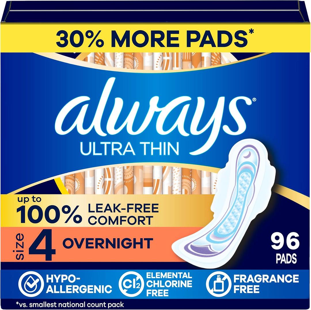 Always Ultra Thin Feminine Pads with Wings for Women, Size 4, Overnight Absorbency, Unscented, Up to 100% Leak-Free Comfort, 96 Count