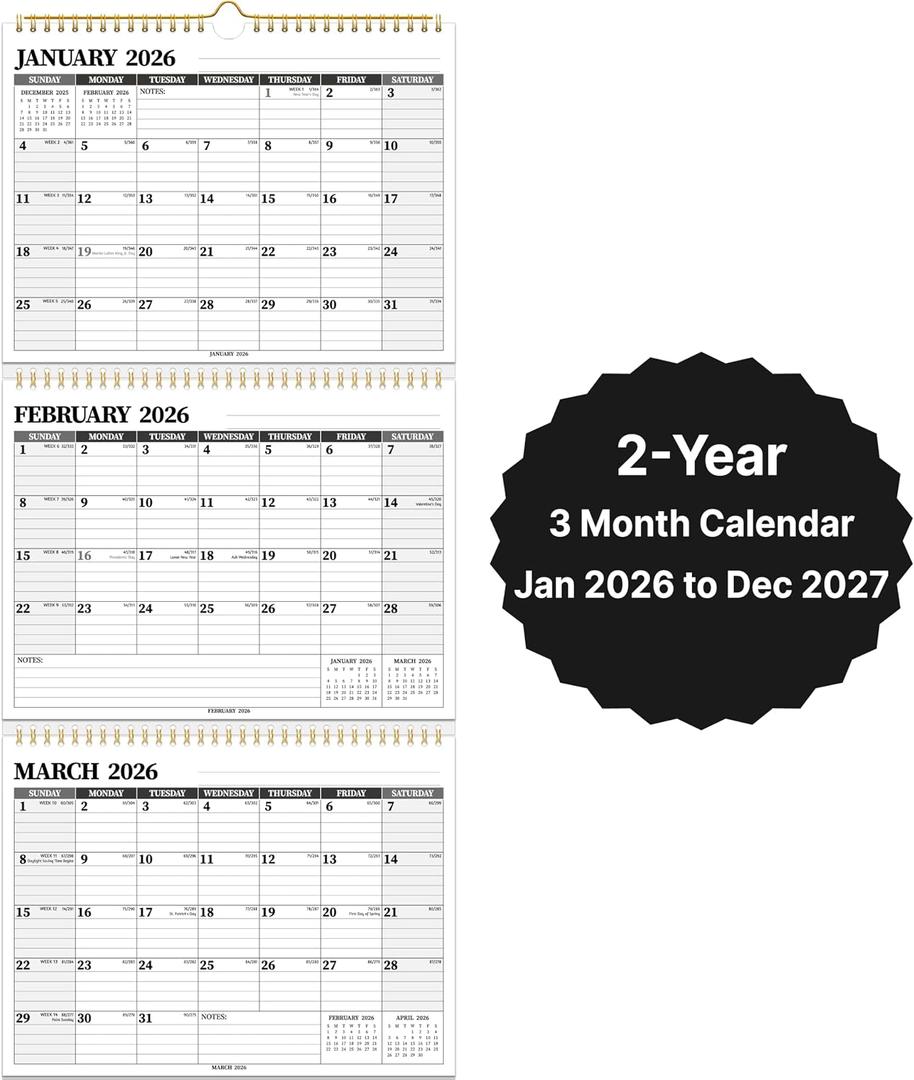 Wall Calendar 2026-2027, 3 Month Vertical Calendar, Move-a-Page, 2 Year from January 2026 - December 2027, 11 x 25, Large Monthly Hanging Calendar with Ruled Blocks, Thick Paper, Notes