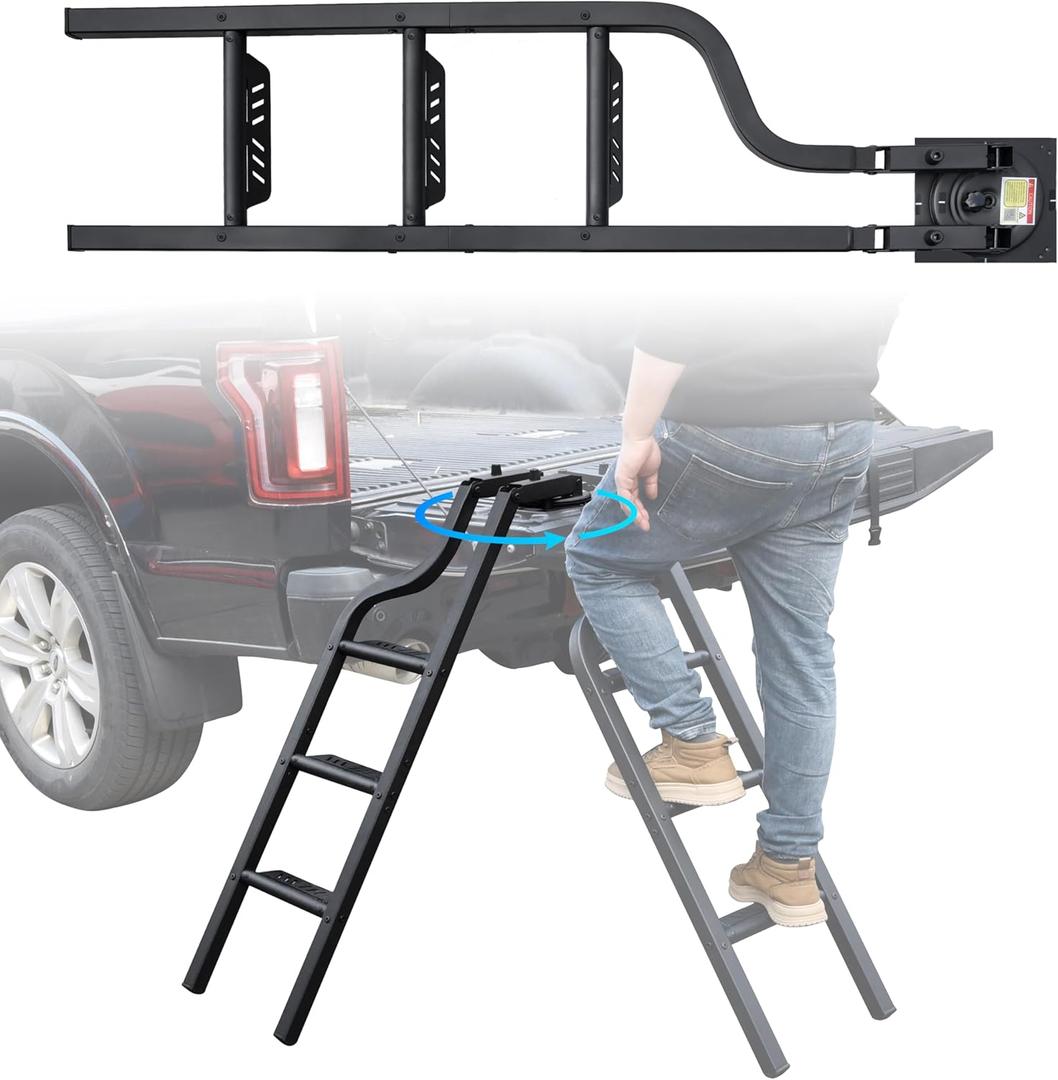 Universal 42" Dual-Side Rotatable Pickup Truck Tailgate Ladder, Foldable Heavy Duty Truck Ladder Folding Tailgate Step Pickup Truck Accessories, Capacity 600 lbs, for F150/Ram 1500... (02)
