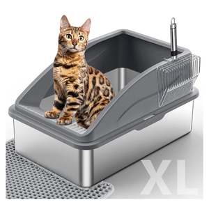 Stainless Steel Litter Box, Extra Large Litter Boxes for Big Cats, XL Metal Cat Litter Box with Lid, Anti-Urine Leakage, Non-Sticky, Include Cat Mat and Litter Scoop