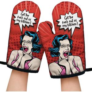 Get The FXXK Out of My Kitchen Funny Oven Mitts with Hanging Loop and Silicone Non-Slip, Housewife Cooking Baking Kitchen Utensils 2-Piece Set, Gifts for Mom Wife Girlfriend Grandma