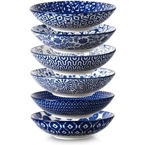 Selamica Porcelain 40oz Large Bowls 9 inch Big Pasta Salad Bowls, Microwave and Oven Safe, Vintage Blue, Set of 6