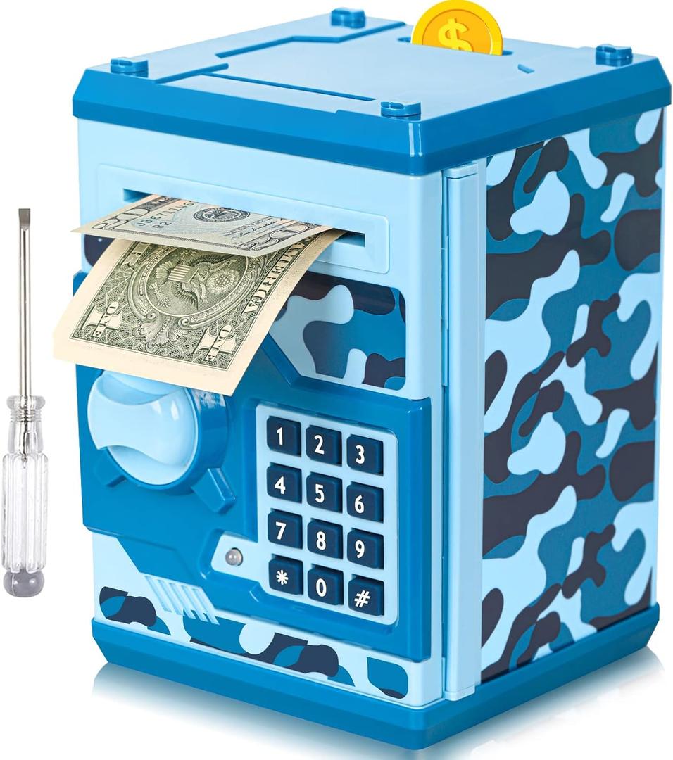 ATM Piggy Bank for Boys Girls, Vcertcpl Mini ATM Coin Bank Money Saving Box with Password, Kids Safe Money Jar for Adults with Auto Grab Bill Slot, Great Gift Toy Bank for Kids (Camouflage Blue)