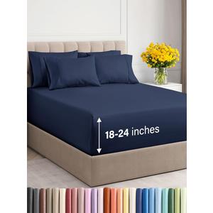 Extra Deep Queen Sheet Set - 6 Piece Breathable & Cooling Sheets - Hotel Luxury Bed Sheets Set - Easy & Secure Fit - Soft, Wrinkle Free & Comfy Sheets Set - Navy Blue Sheet Set with Extra Deep Pockets