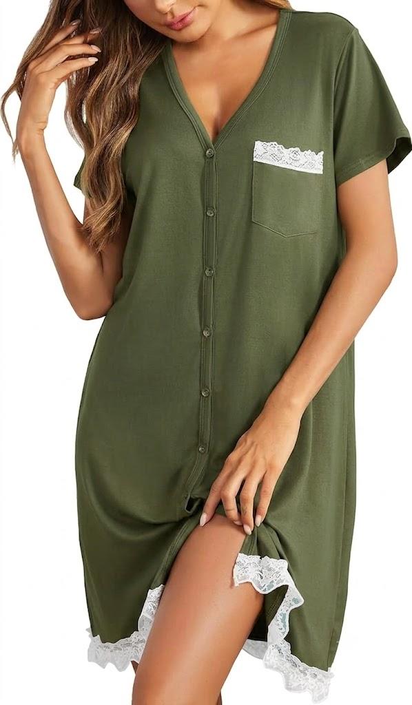 Ekouaer Women's Nightshirt Short Sleeve Button Down Nightgown V-Neck Sleepwear Pjs Dress Army Green Medium