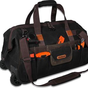 WELKINLAND 48Pockets Tool Bags With Wheels, 22Inch Rolling Tool Bag, Waxed Canvas Tools Bag Rolling Heavy Duty, Large Roll Tote For HVAC, Technician Rolling Tool Bag, Rolling Electrical Tools Bag