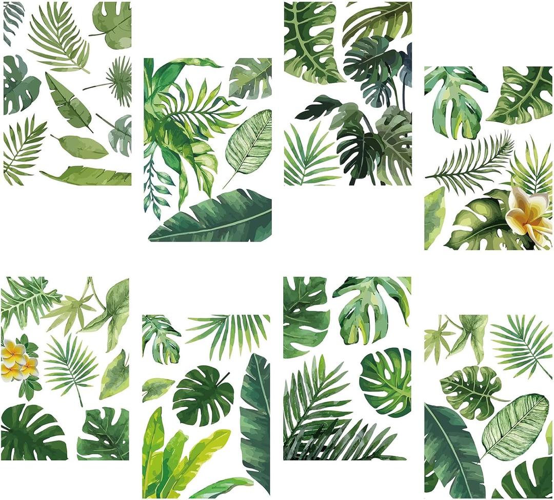 CRASPIRE 8 Sheets Green Leaf Window Stickers Tropical Leaves PVC Waterproof Self Adhesive Summer Wall Decals Natural Palm Plant Rectangle Removable for Stairway Home Decoration TV Wall Art