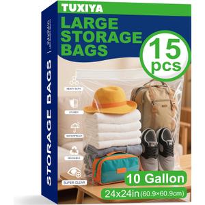TUXIYA 15PACK 10 Gallon Extra Large Zipper Plastic Bags for Storage 24'' x 24'',Extra Large Clear Zipper Bags Reusable for Clothes, Home Moving, Travel, Camping, Thick 6 Mil