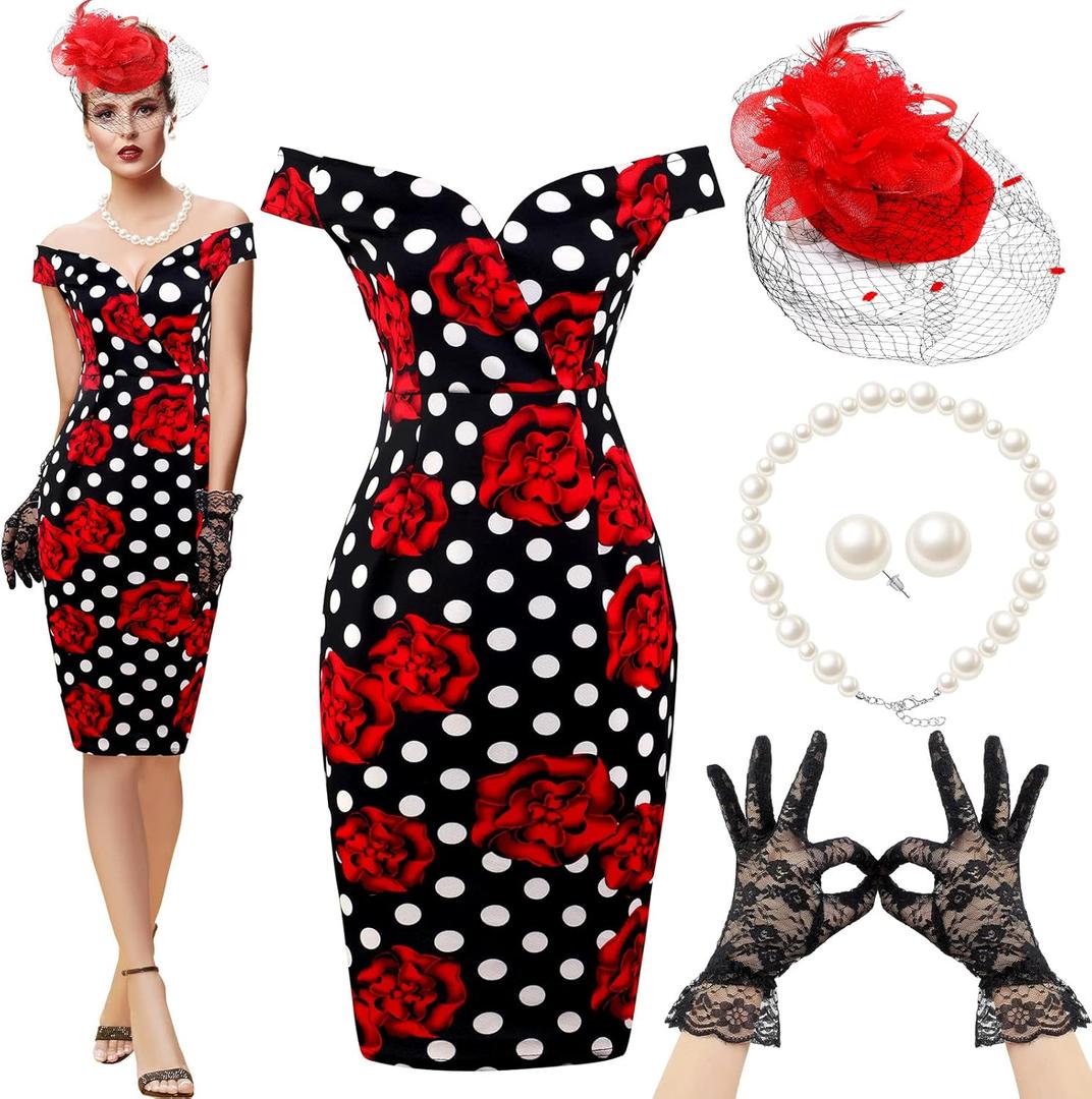 JenPen 5 Pcs Halloween Vintage Polka Dot Dress for Women 1950s Derby Tea Party Attire Retro Pencil Bodycon(Medium, Classic, Red White Black)