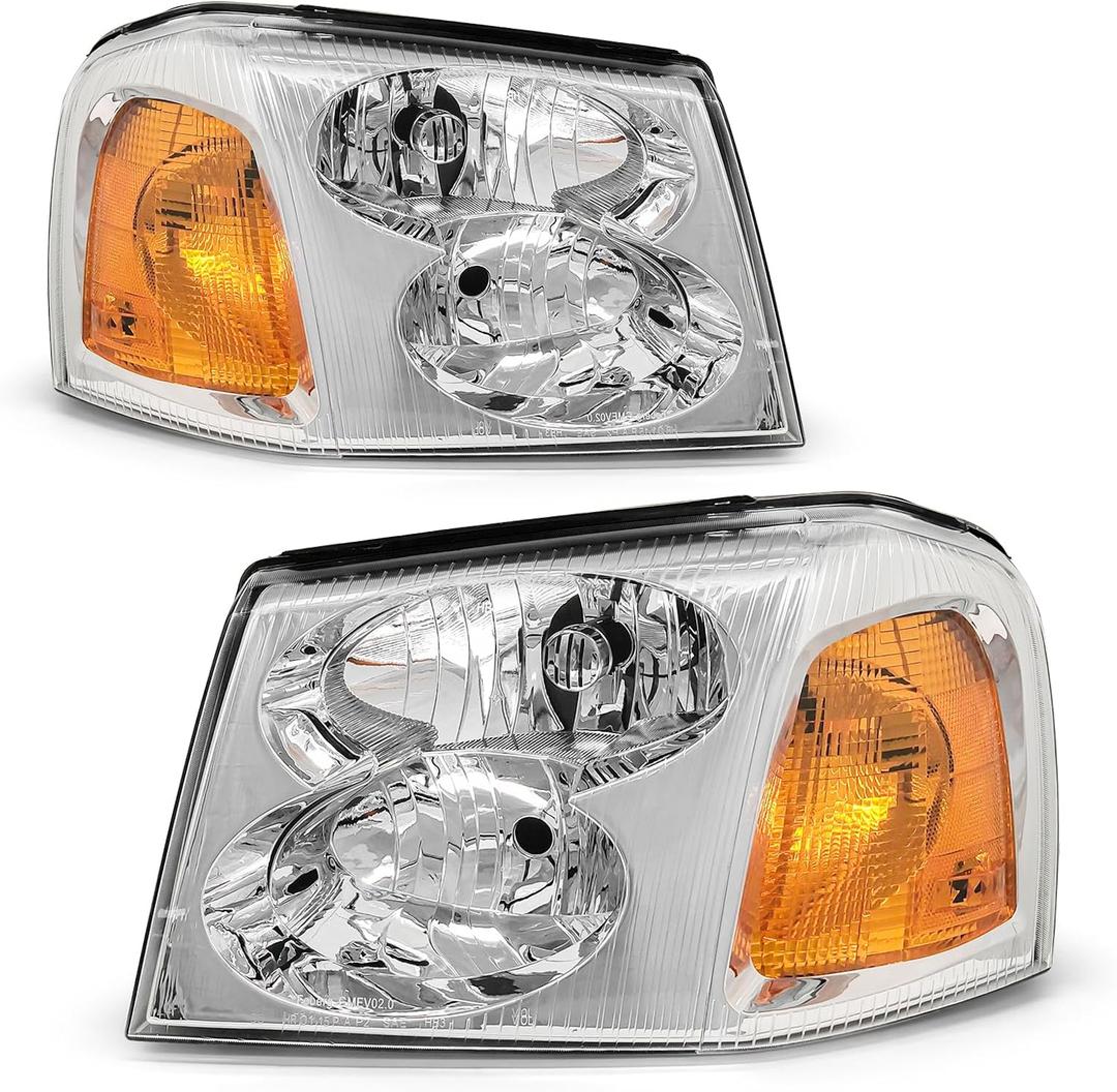 for 2002 2003 2004 2005 2006 2007 2008 2009 Gmc Envoy Headlight Assembly for 02-09 Gmc Envoy Clear Lens Chrome Housing with Amber Reflector Headlamp Replacement Left and Right Pair