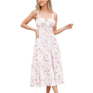 ABEHIK Summer Dress for Women 2024 Floral Corset Dress Boho Flowy Slit Bustier Lace Up Midi Dresses Going Out A Line Casual Sundress Adjustable Spaghetti Straps Bodycon Pink Rose S