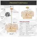 CATINER 20'' Modern Gold Crystal Chandelier Luxury Semi Flush Mount Ceiling Light Fixtures 6-Lights Round Crystal Pendant Chandelier for Dining Room Foyer Living Room Bedroom