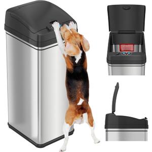 iTouchless 50 Liter / 13 Gallon Sensor 2.0 Dog-Proof Kitchen Trash Can with Lid Lock and AbsorbX Odor Filter, Touchless Lid, Stainless Steel Garbage Recycling Bin for Kitchen, Home, Office, Business