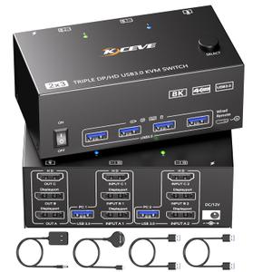 KVM Switch 3 Monitors 2 Computers 8K@60Hz,Triple Monitor KVM Switch for Running Two Computers Across 3 Monitors, Sharing 4 USB 3.0 Devices, with Wired Remote & USB Cable