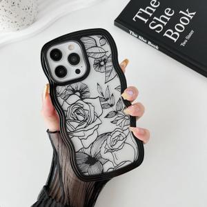 XIZYO for iPhone 12 Pro Max Case, Cute Floral Rose Wavy Curly Wave Frame Clear Aesthetic Phone Case for Women Girls, Slim TPU Shockproof Protective Bumper Case, Black