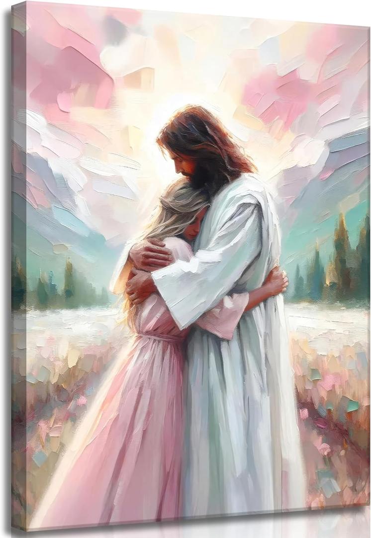 Jesus Hugging Woman Canvas Wall Art Christian Bible Stories Painting Picture Wall Decor Religious Belief Inspirational Poster Print Artwork for Living Room Bedroom Home Decoration (12x16 In)