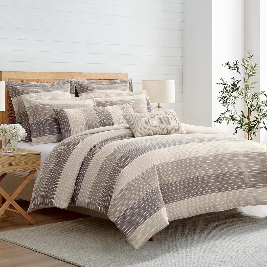 Levtex Home Sand Stripes Chocolate King/Cal King Comforter Set (106x94in) with 2 Pillowcases (36x20in) - Woven Jacquard Stripe - Brown, Tan, White - Cotton King Size Comforter Set - Soft, Pre-Washed