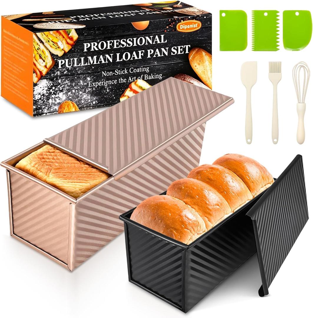 2Pack Pullman Loaf Pans with Lids 2.2 LB & 1 LB Dough Capacity, Non-Stick Carbon Steel Bread Pans for Homemade Sandwich and Sourdough Bread, Corrugated Toast Mold