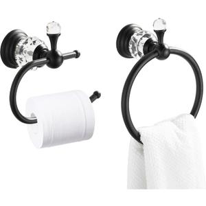 WOLIBEER Crystal Towel Ring,Matte Black Toilet Paper Holder Stand Hand Towel Holder Towel Hook Tissue Roll Paper Holder Towel Hanger Bathroom Hardware 2 Pieces Sets Wall Mounted
