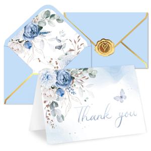 Whaline 50 Pcs Blue Floral Thank You Cards Spring Flower Greeting Cards with Envelope Sticker Blank Note Card for Baby Bridal Shower Wedding Birthay Party Invitation Supplies, 4 x 6 Inch