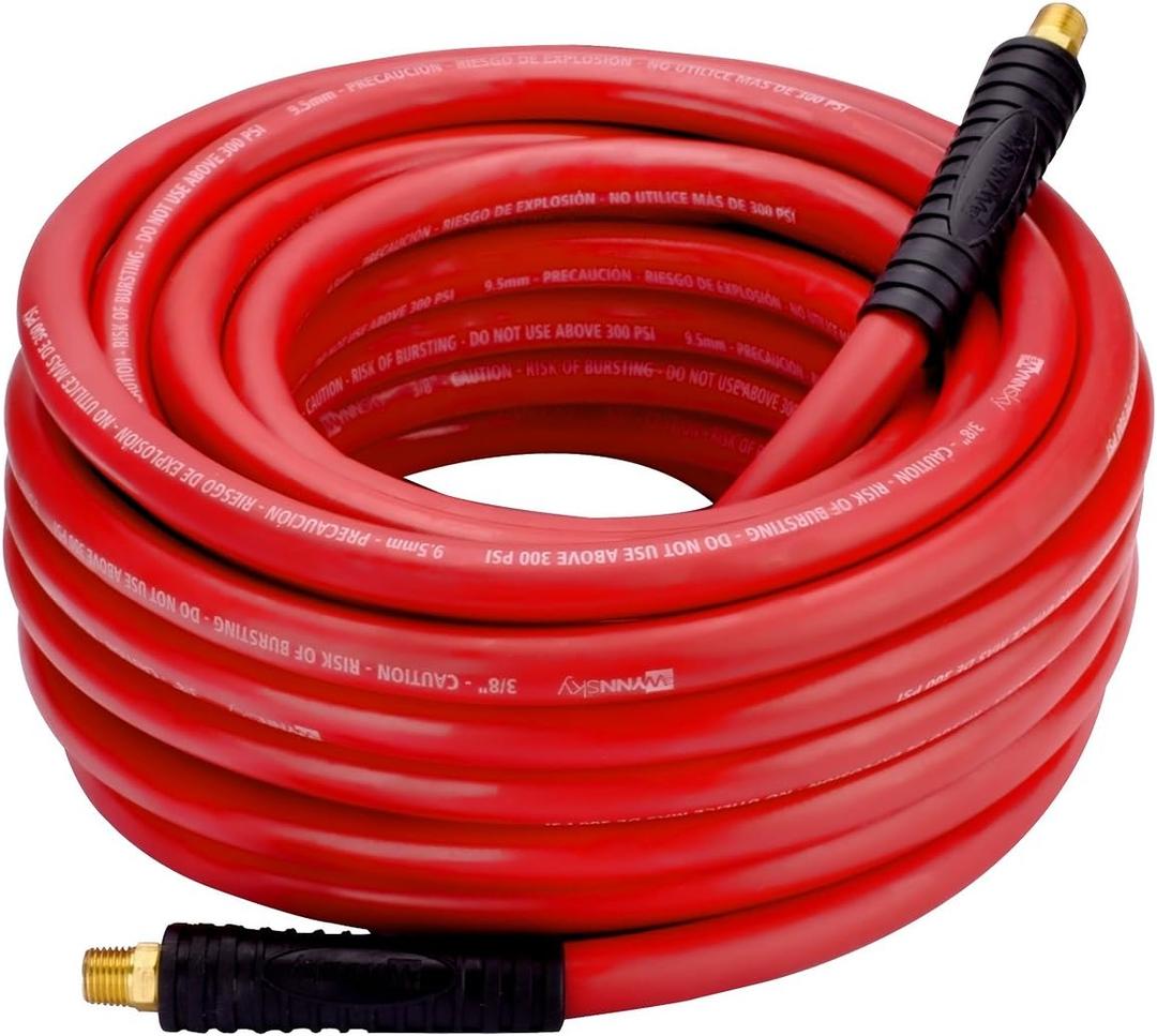 Rubber Air Hose,50-Feet x 3/8-Inch, 300 PSI, Red Heavy Duty Air Compressor Hose With Double 1/4" MNPT Brass Endings