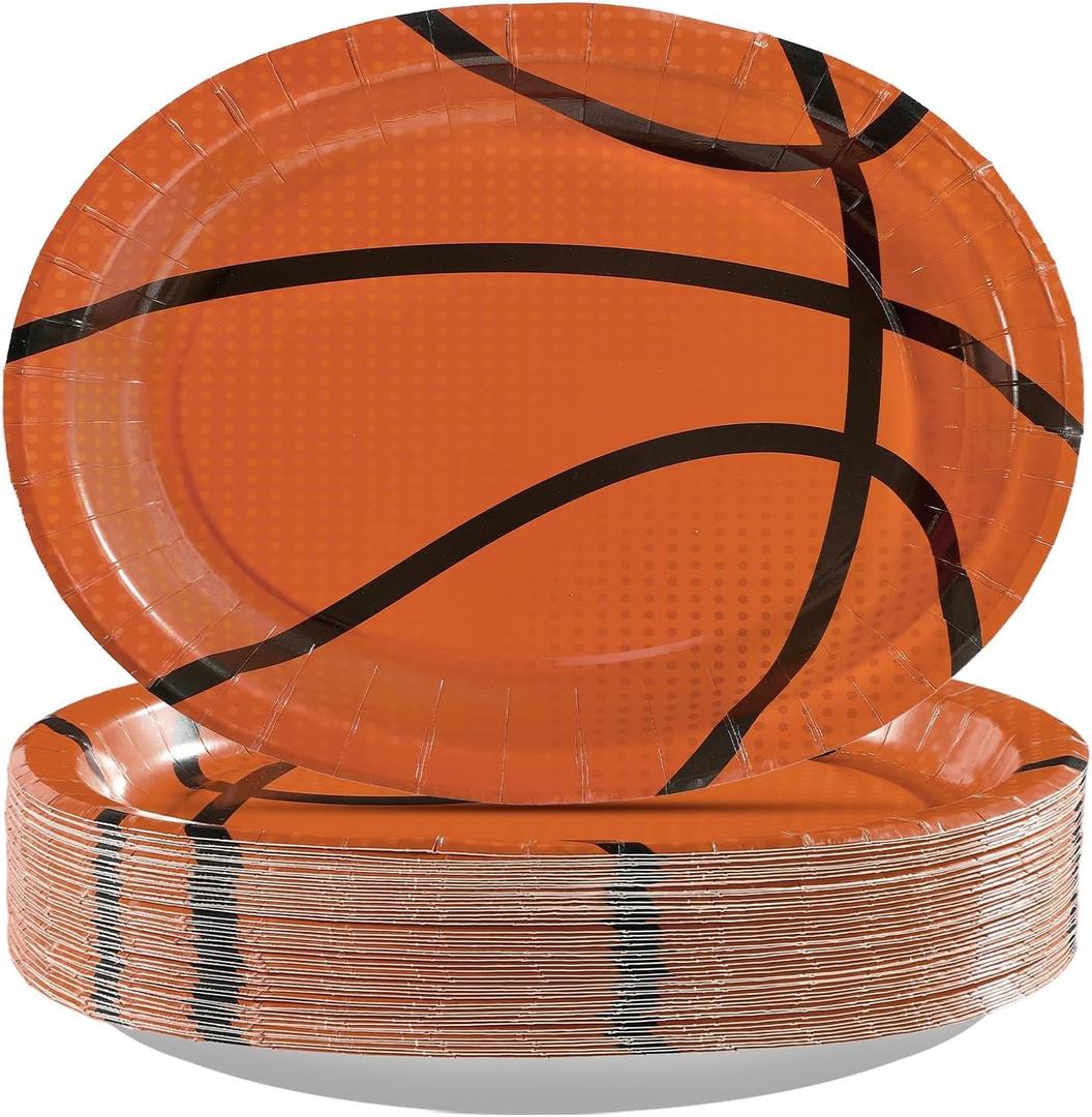 Grencian 50Pcs Basketball Party Oval Paper Plates 10" x 12" Basketball Large Disposable Paper Plates for Boys Sports Themed Party Decorations Supplies