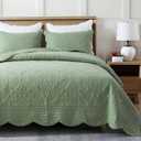 meadow park Embroidered Quilt Set Queen Size - 3 Pieces, Washed Lightweight Coverlet with Scallop Edges, Reversible Bed Cover All Season Quilts-Sage Green