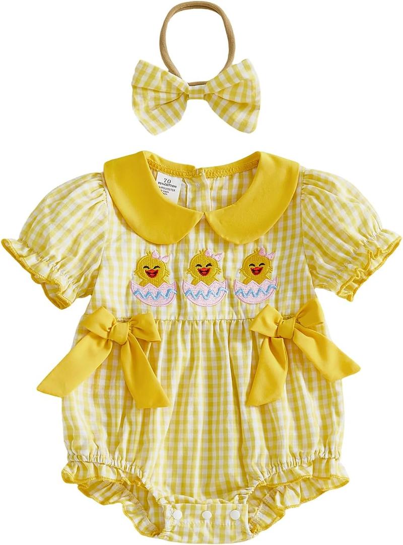 Baby Girl Easter Outfit Newborn Bow Eggs Embroidery Smocked Bubble Romper Easter Onesie Infant Cute Summer Clothes 18-24M