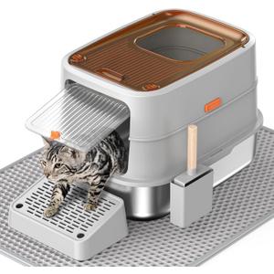 HTii- Stainless Steel Cat Litter Box, Extra Large Box for Cats, Enclosed Metal Kitty Litter Box with Litter Scooper, Odor-Urine-Proof, Non-Sticky, Easy Rinse Cleaning (Translucent-Tawny Grey)