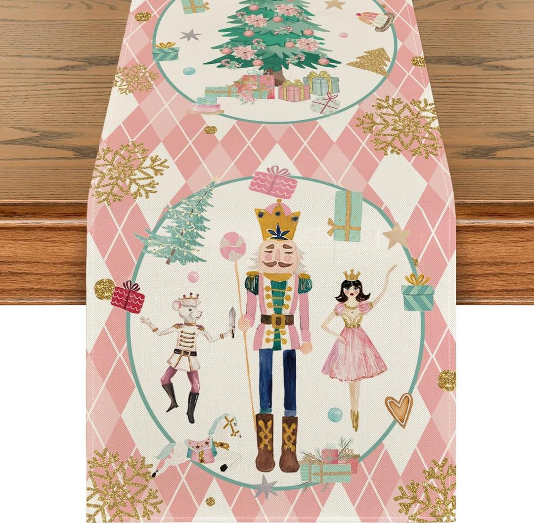 Artoid Mode Pink Diamond Plaid Nutcracker Snowflake Christmas Table Runner, Seasonal Winter Kitchen Dining Table Decoration for Home Party Decor 13x72 Inch